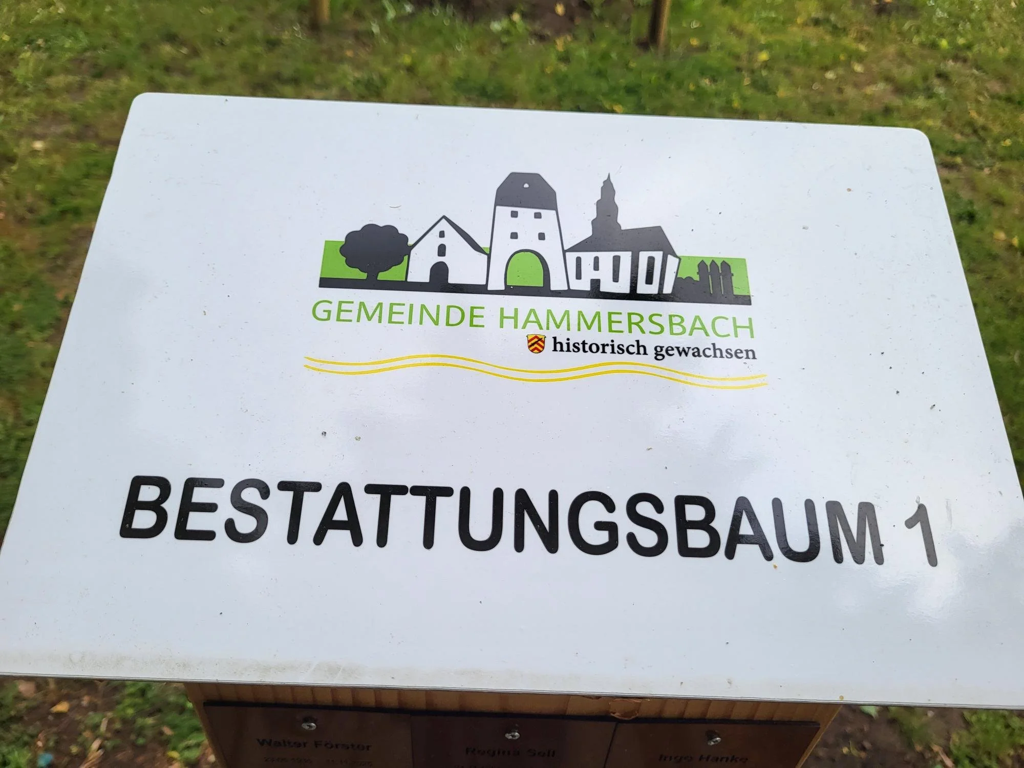 Hinweistafel mit Illustration eines alten Dorfes, darunter der Text "Gemeinde Hammersbach" und "historisch gewachsen", sowie die Beschreibung eines Bestattungsbaums.