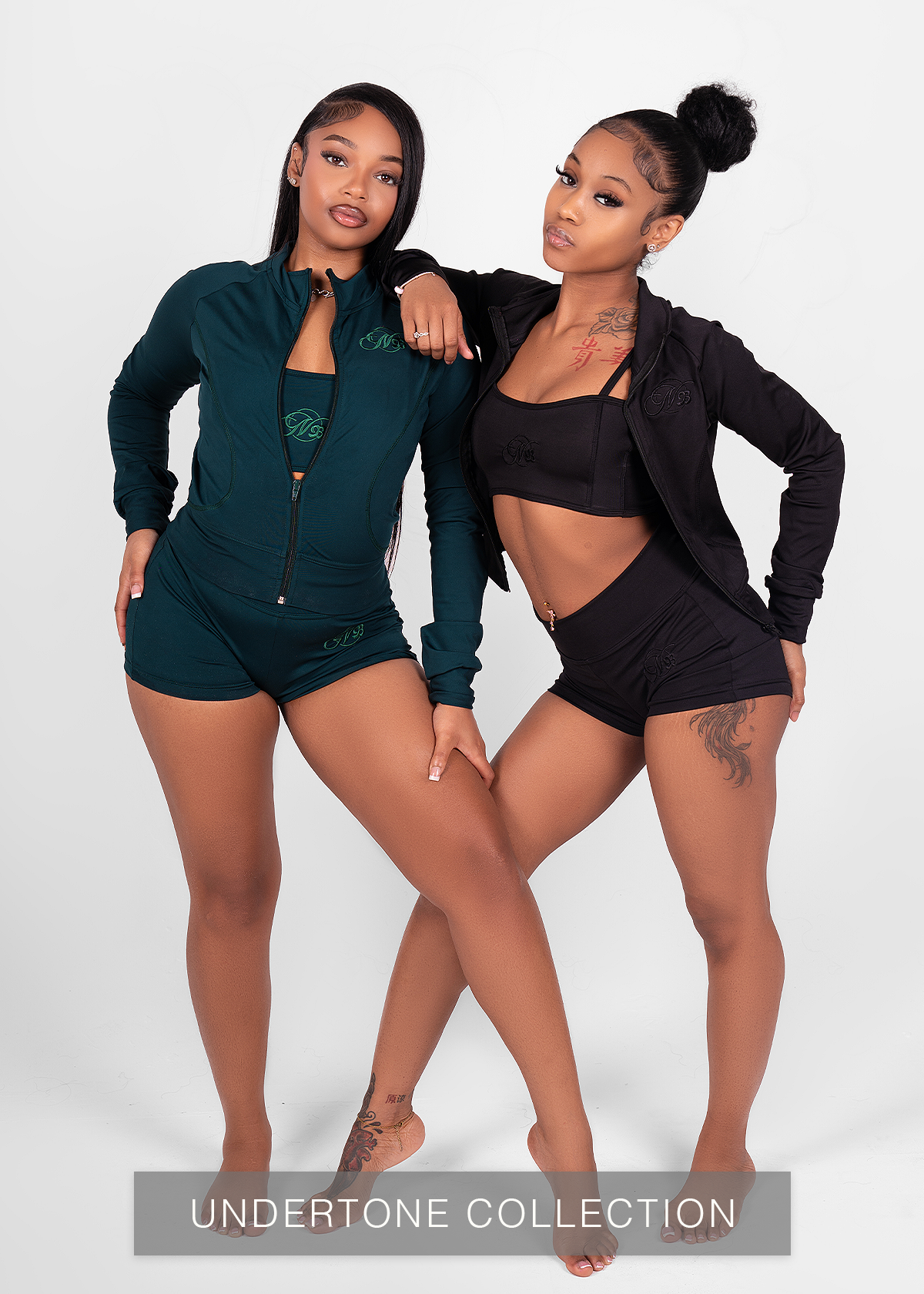 Two women in black and dark teal activewear posing against a white background, one resting her hand on the other's shoulder. The image has a caption at the bottom that reads 'Undertone Collection.'