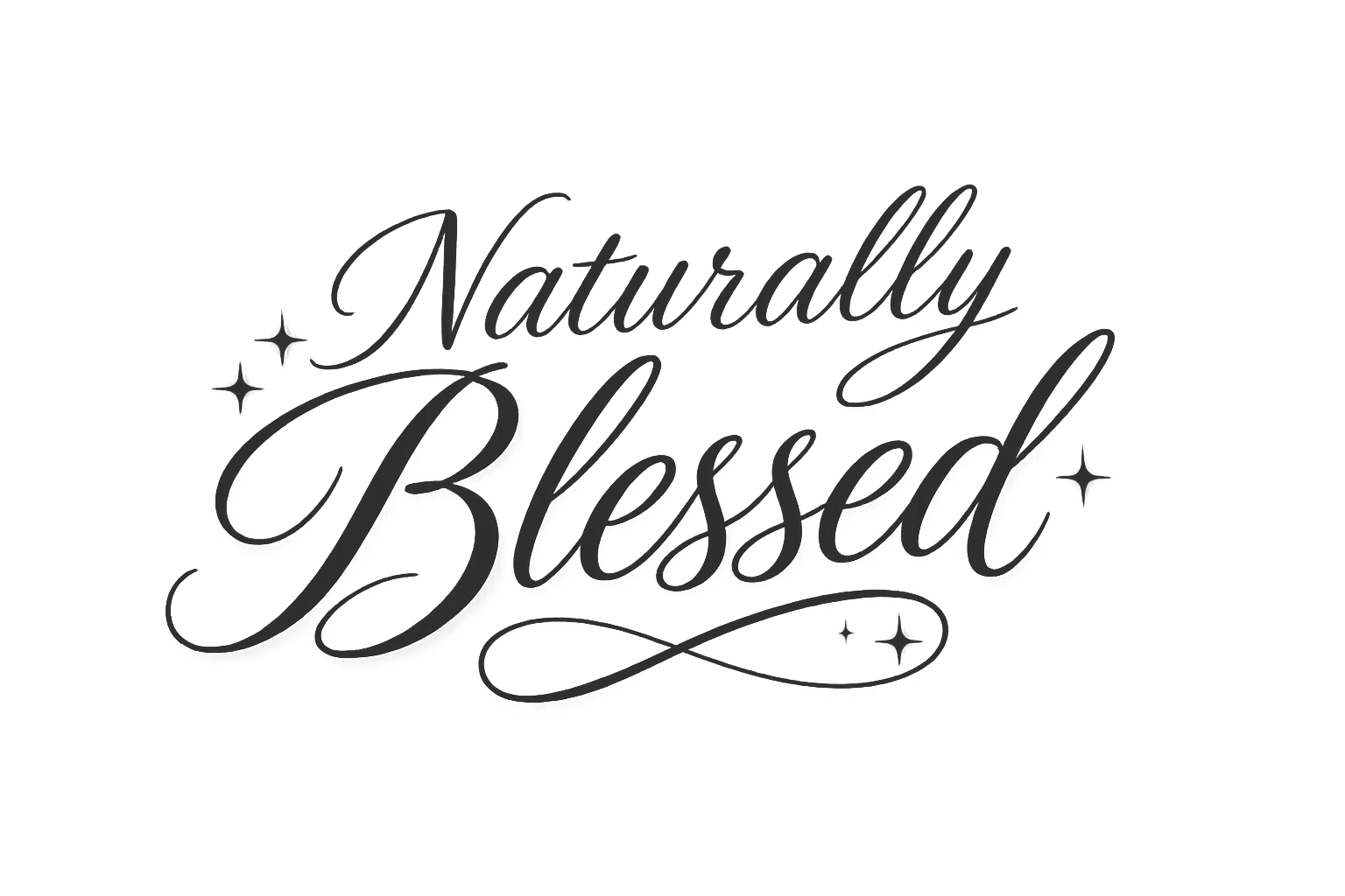 Stylized text saying 'Naturally Blessed' with small decorative stars around the words.
