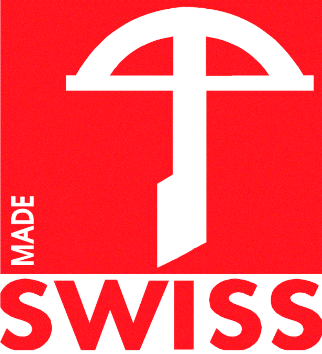Der Schweizer Wappen mit rotem Hintergrund, weißem Kreuz und dem Wort "Made" links und "Swiss" unten.