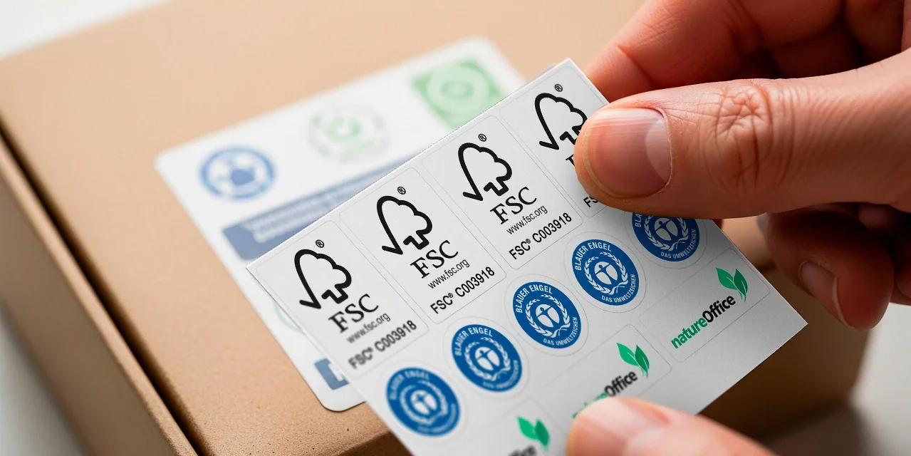 Hand hält FSC- und Umweltzertifizierungsaufkleber über einem braunen Karton.