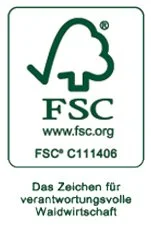 FSC-Logo mit Website und Slogan 'Das Zeichen für verantwortungsvolle Waldwirtschaft'