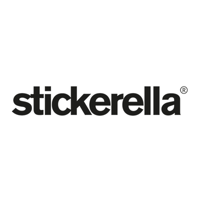 Das Logo von Stickerella, einer Firma für Aufkleber, auf schwarzem Hintergrund.