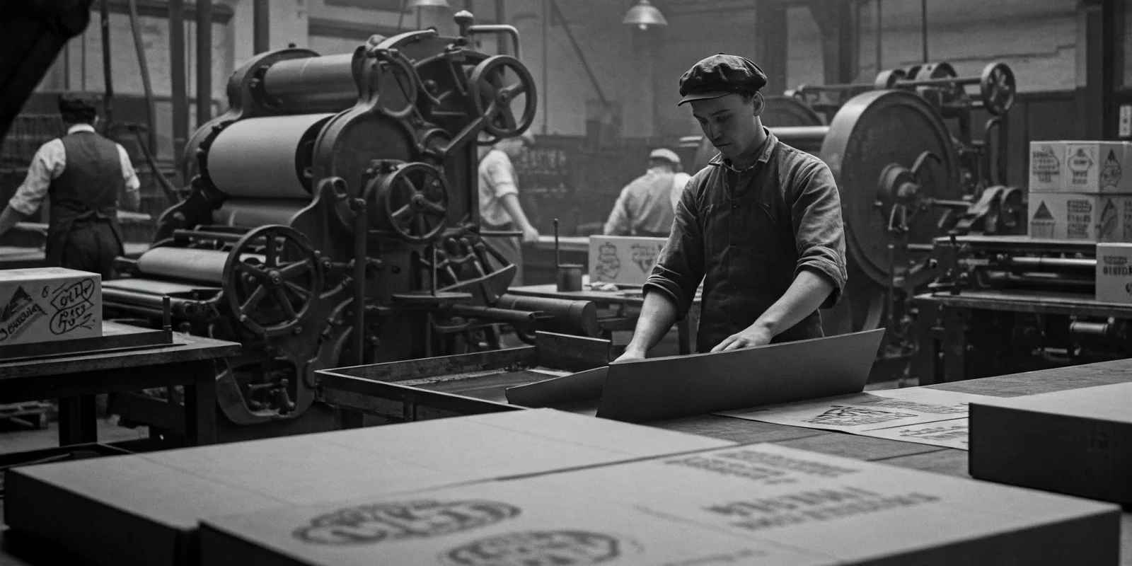 Ein Fabrikarbeiter in einem industriellen Produktionsraum, der mit Druckmaschinen und Verpackungskartons arbeitet.