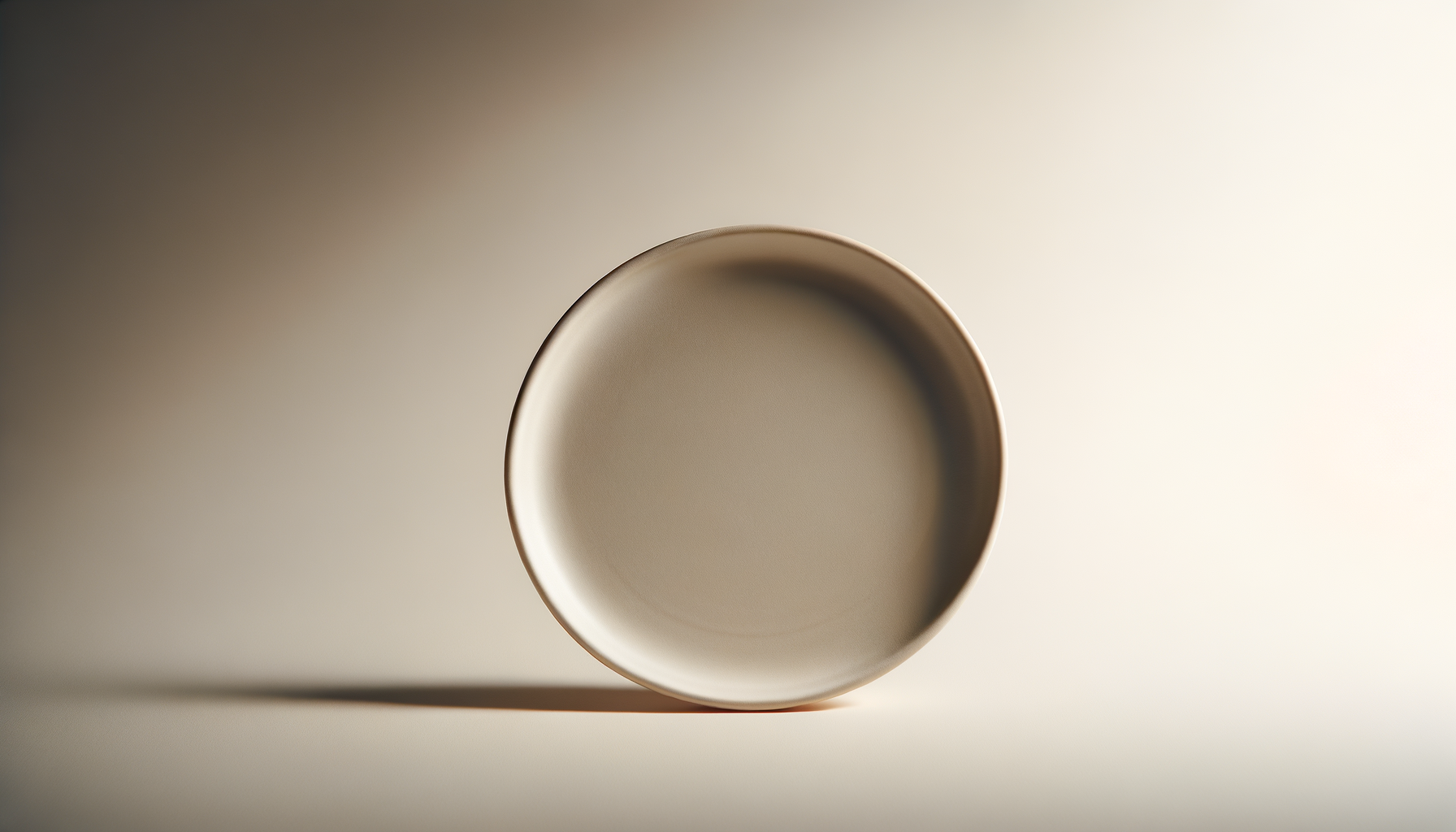 A beige ceramic bowl viewed from above, placed on a light surface with soft lighting creating minimal shadows.