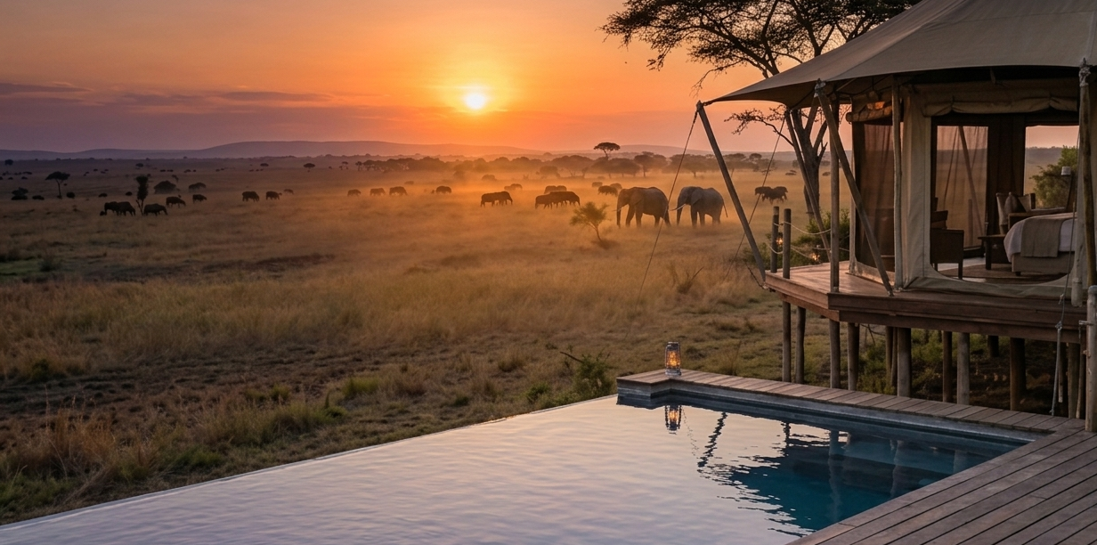 Luxury safari travel planning by Plan My Trip: Private infinity pool and upscale tented camp at sunset with elephants on the Serengeti plains
