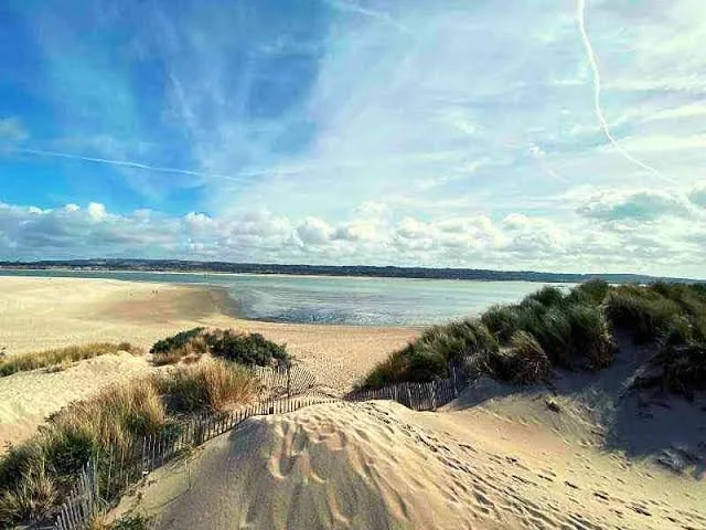 Rolling sand dunes topped with coastal grasses overlooking a vast, wide sandy beach and calm sea in Le Touquet, Northern France.