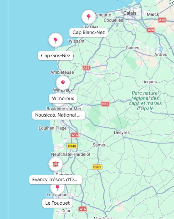 A custom Google road map highlighting family travel stops along the D940 road from Calais down to Le Touquet on the Opal Coast.