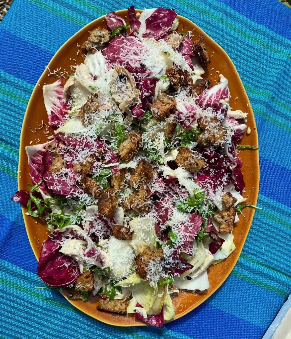 Roast Chicken and Bitter Leaf Salad 

This salad is creamy and savoury with such great texture and works great in a sandwich the next day!! 

A play on this recipe https://saltandwind.com/zuni-roast-chicken-bread-salad-recipe/ , with some homemade ma