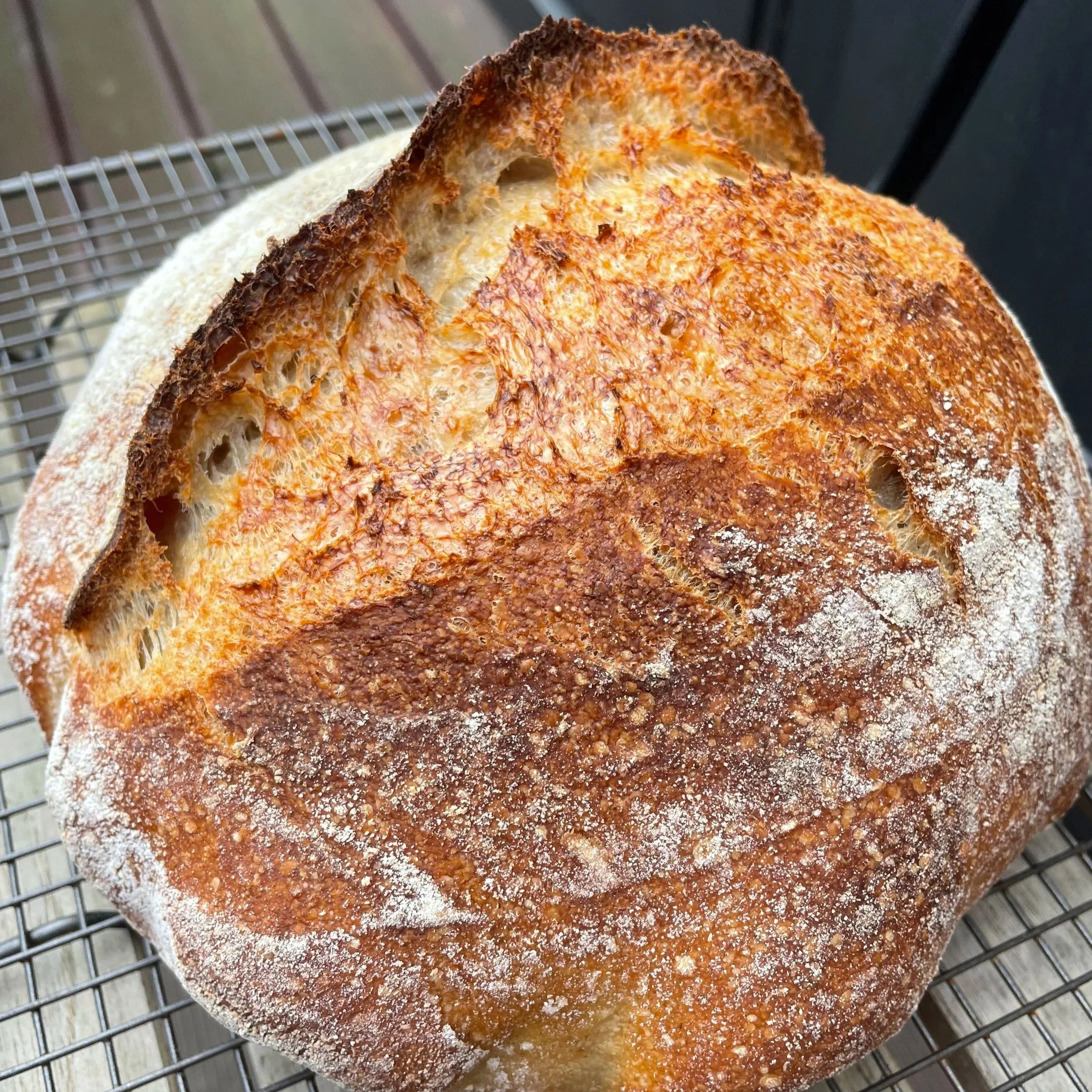 A freshly baked round loaf of crusty bread with a golden-brown, rustic crust, cooling on a wire rack.