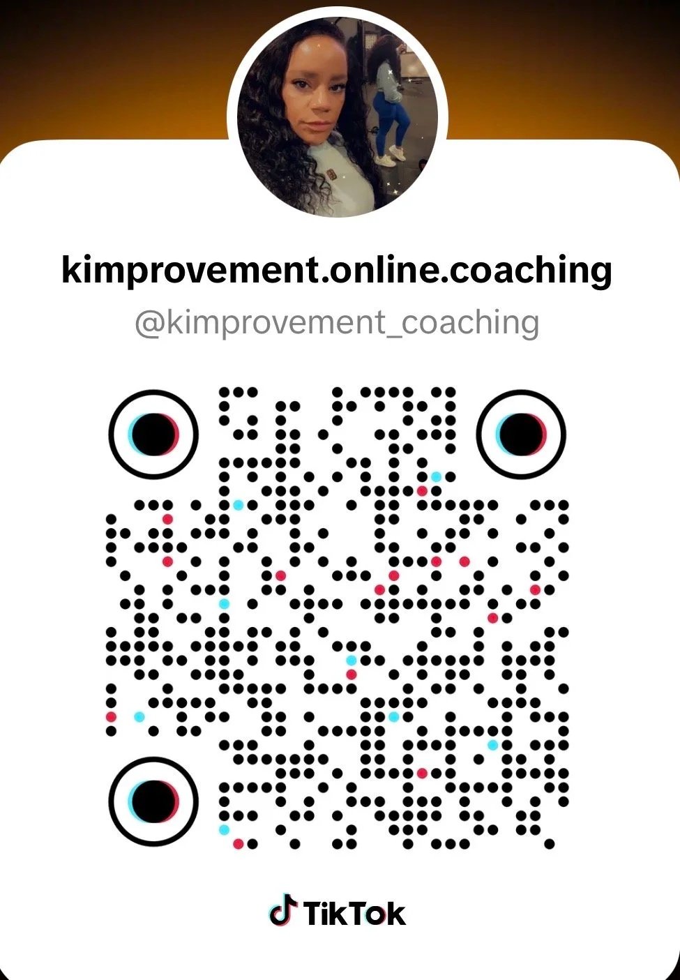 Social media profile QR code for kimprovement.online.coaching with a profile picture of a woman with long dark curly hair and a background of a woman in blue pants.