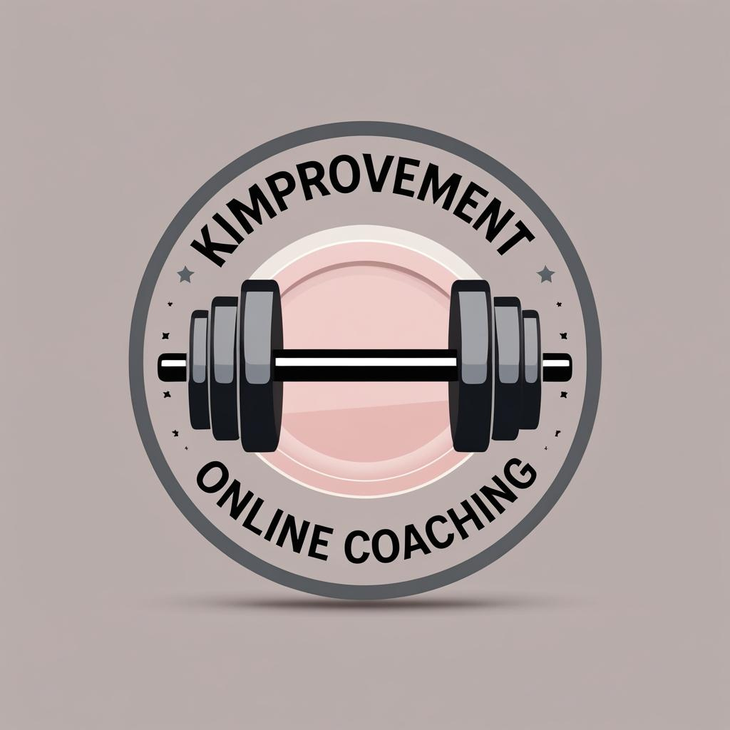 A circular logo with a dumbbell in the center, surrounded by the text 'KIMPROVEMENT ONLINE COACHING'.