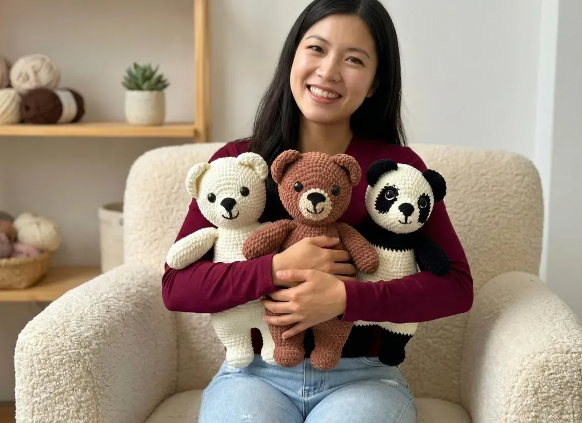 Handmade Crochet Bear Plush Set of 3: Teddy, Panda & Polar Bear