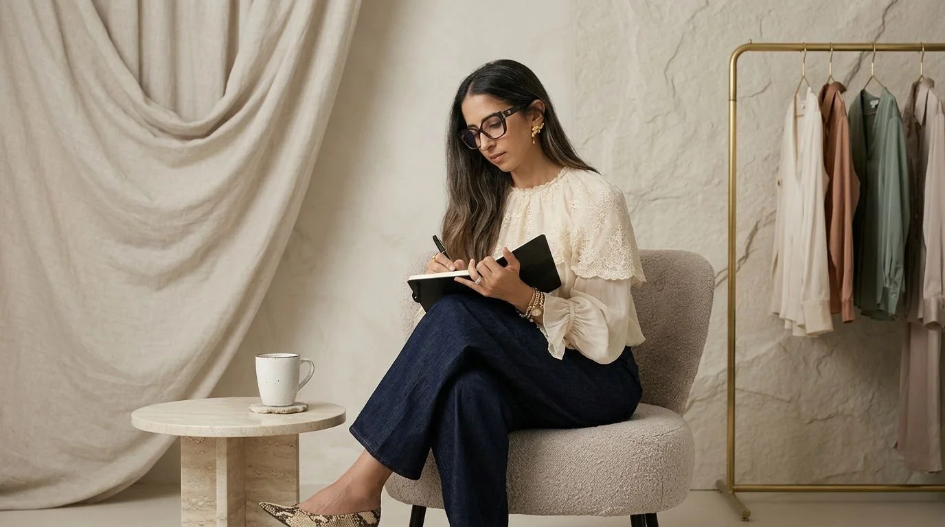 Personal fashion stylist sitting in a room, writing in a notebook. She wears glasses, a cream blouse, and dark jeans. There is a small round table with a white mug beside her and a clothing rack with various colored garments in the background.