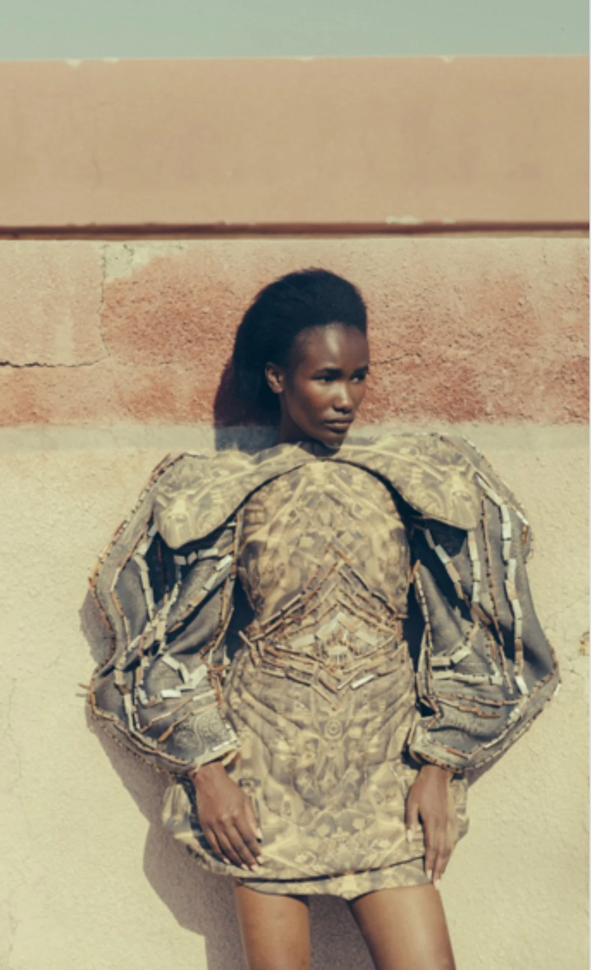 A woman standing against a textured wall, wearing an ornate, patterned dress with dramatic sleeves.