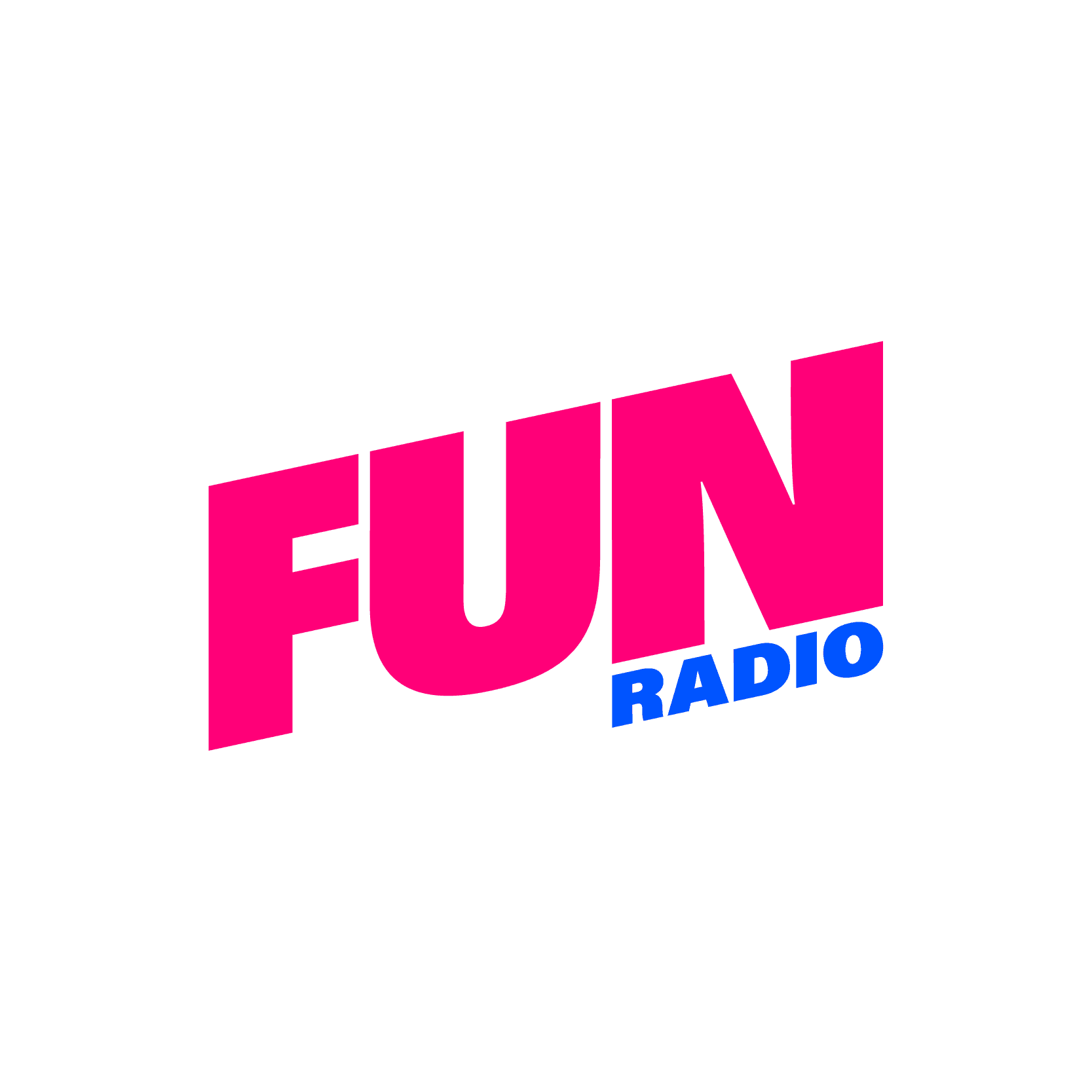Logo de FUN Radio avec le mot 'FUN' en rose vif et 'RADIO' en bleu foncé, sur un fond gris. /n