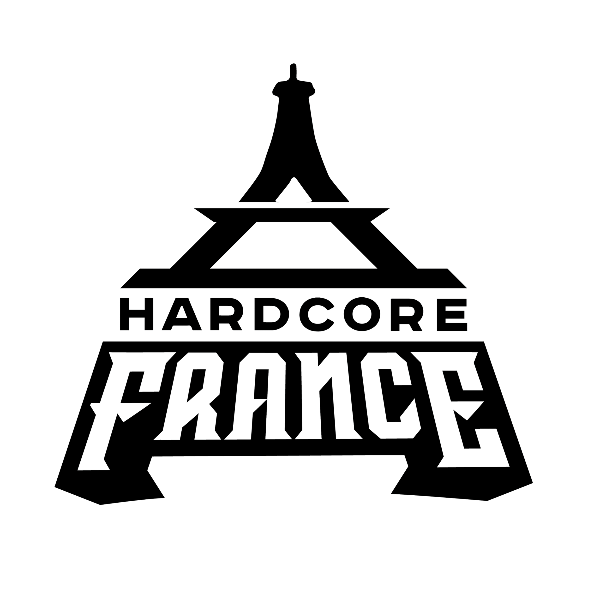 Logo avec le texte "Hardcore France" et une silhouette de bâtiment en haut.