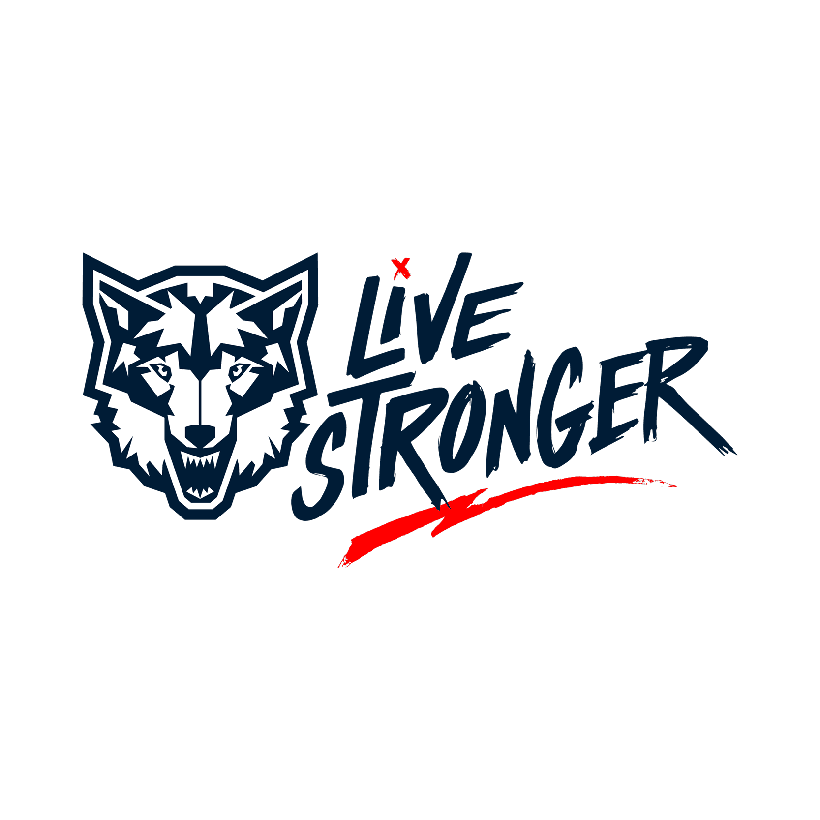 Logo avec une tête de loup stylisée et le slogan 'Live Stronger' écrit en bleu foncé, avec une ligne rouge en dessous et un petit point rouge au dessus du mot 'live'.