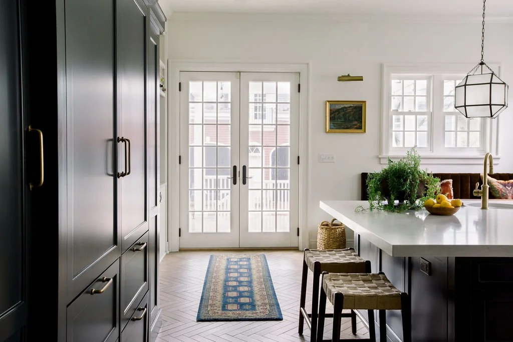 dark cabinets kitchen with French doors