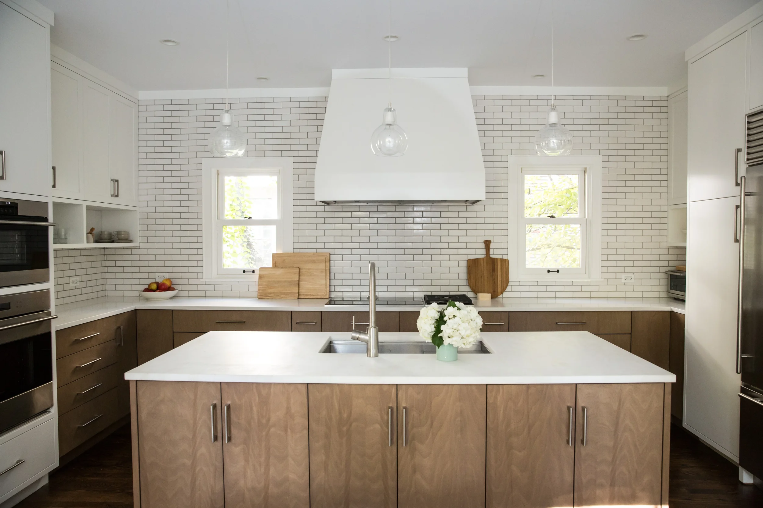 modern wood and white kitchen with heath ceramic tile