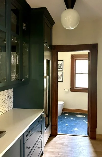 dark blue cabinets in bar