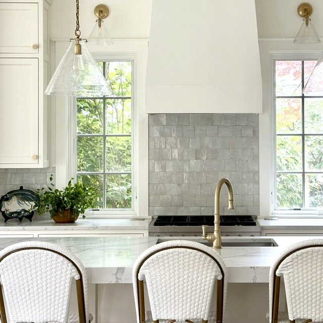 zellige tile backsplash and visual comfort lights
