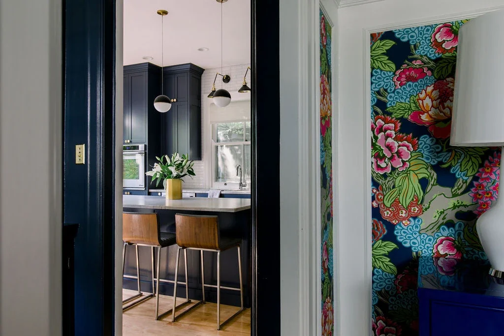 view into eclectic kitchen from dining room