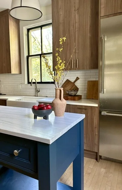 wood and blue kitchen