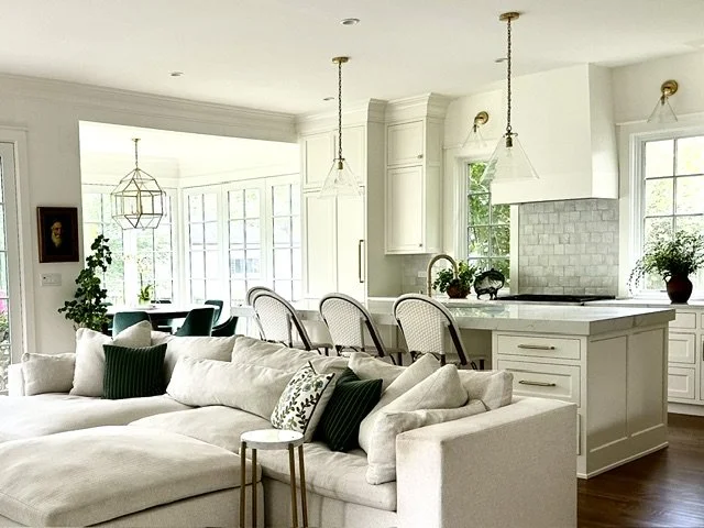 bright white kitchen and great room