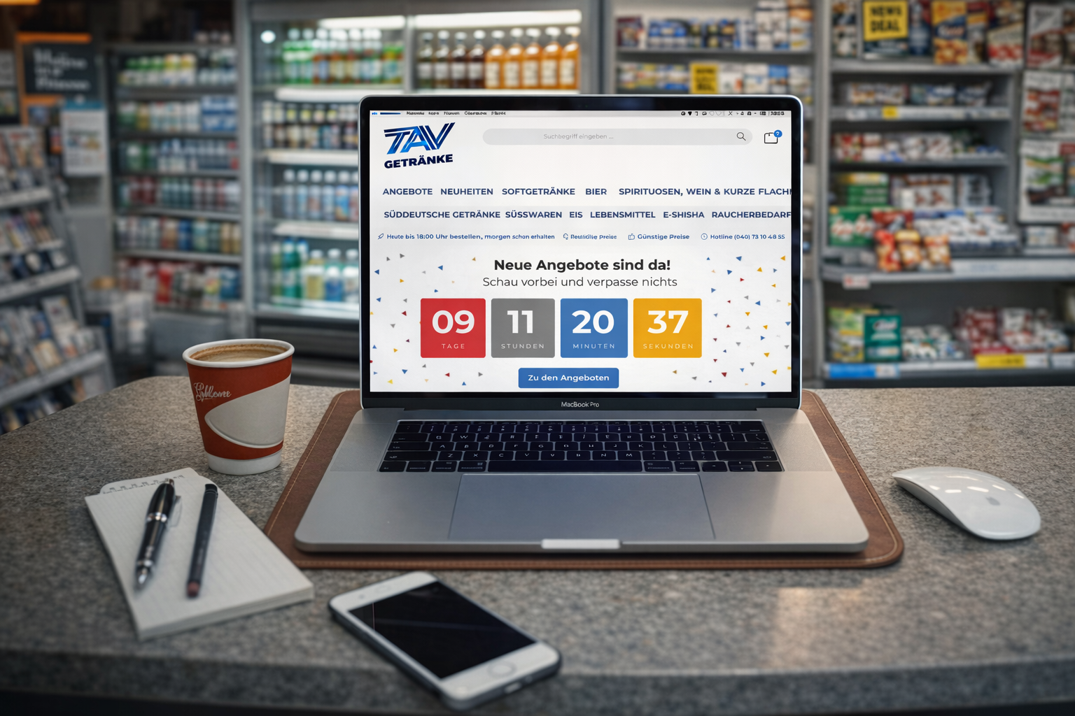 Laptop auf einem Tisch in einem Supermarkt zeigt eine Webseite mit einem Countdown für Angebote, ein Pappbecher mit Kaffee, ein Smartphone, eine Notizblock mit zwei Kugelschreibern und eine Computermaus.