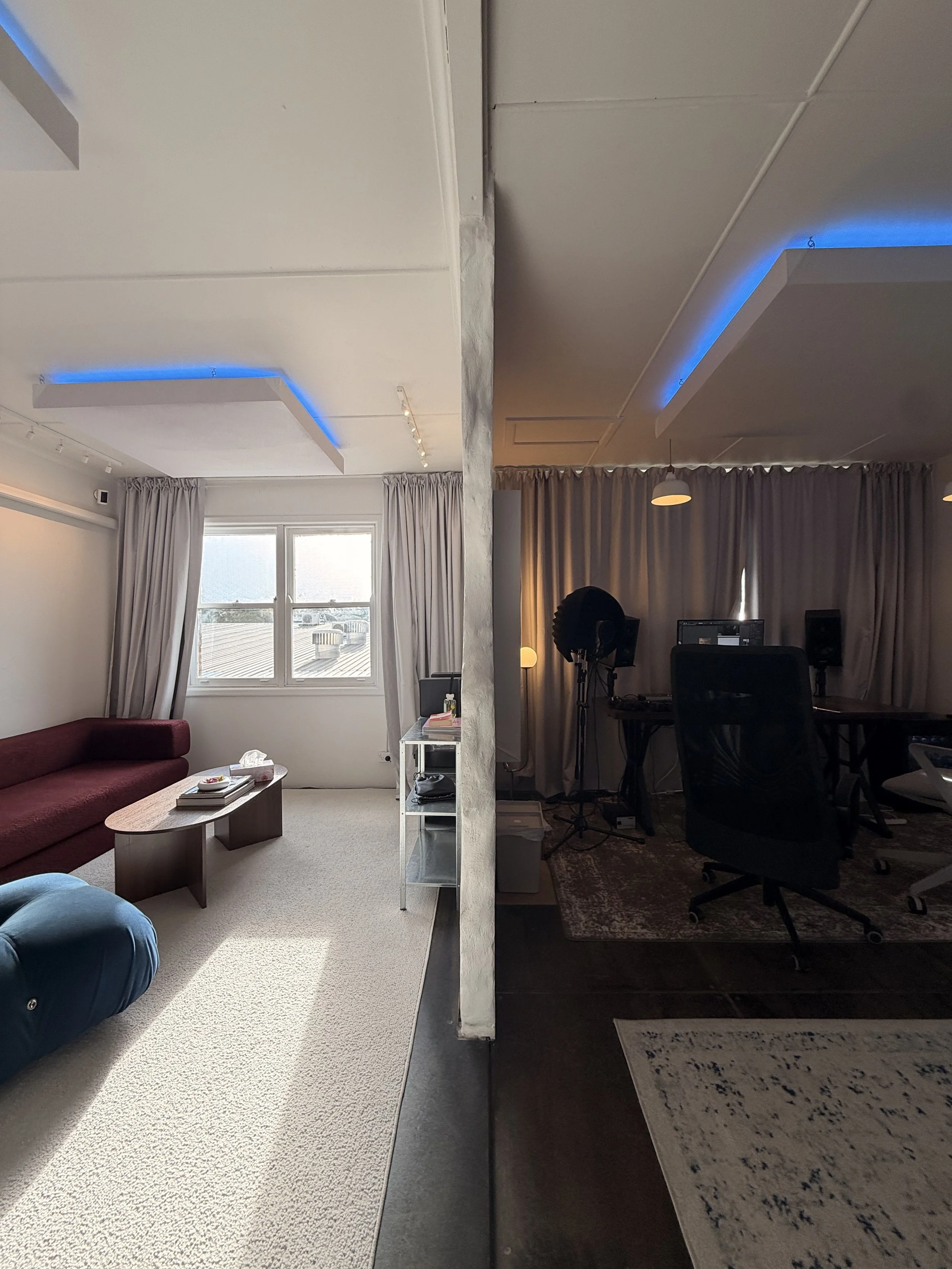 Comparison of two rooms: left with a living room space, right with a home office setup.