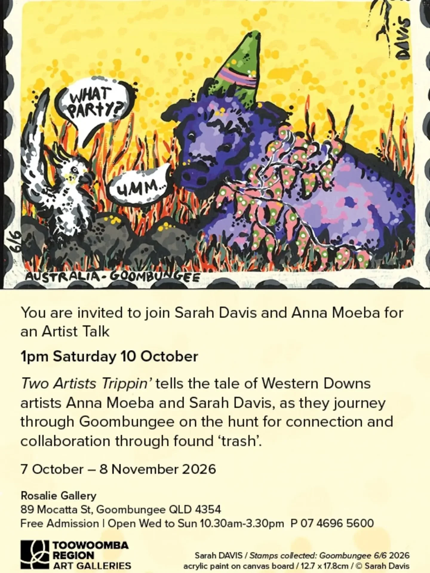 ARTIST TALK - @twoartiststrippin

Come along for an opportunity to hear from artists Sarah Davis and Anna Moeba, learn more about their creative processes, and immerse yourself in their latest 'artventure'.

Free event | All welcome | No bookings re