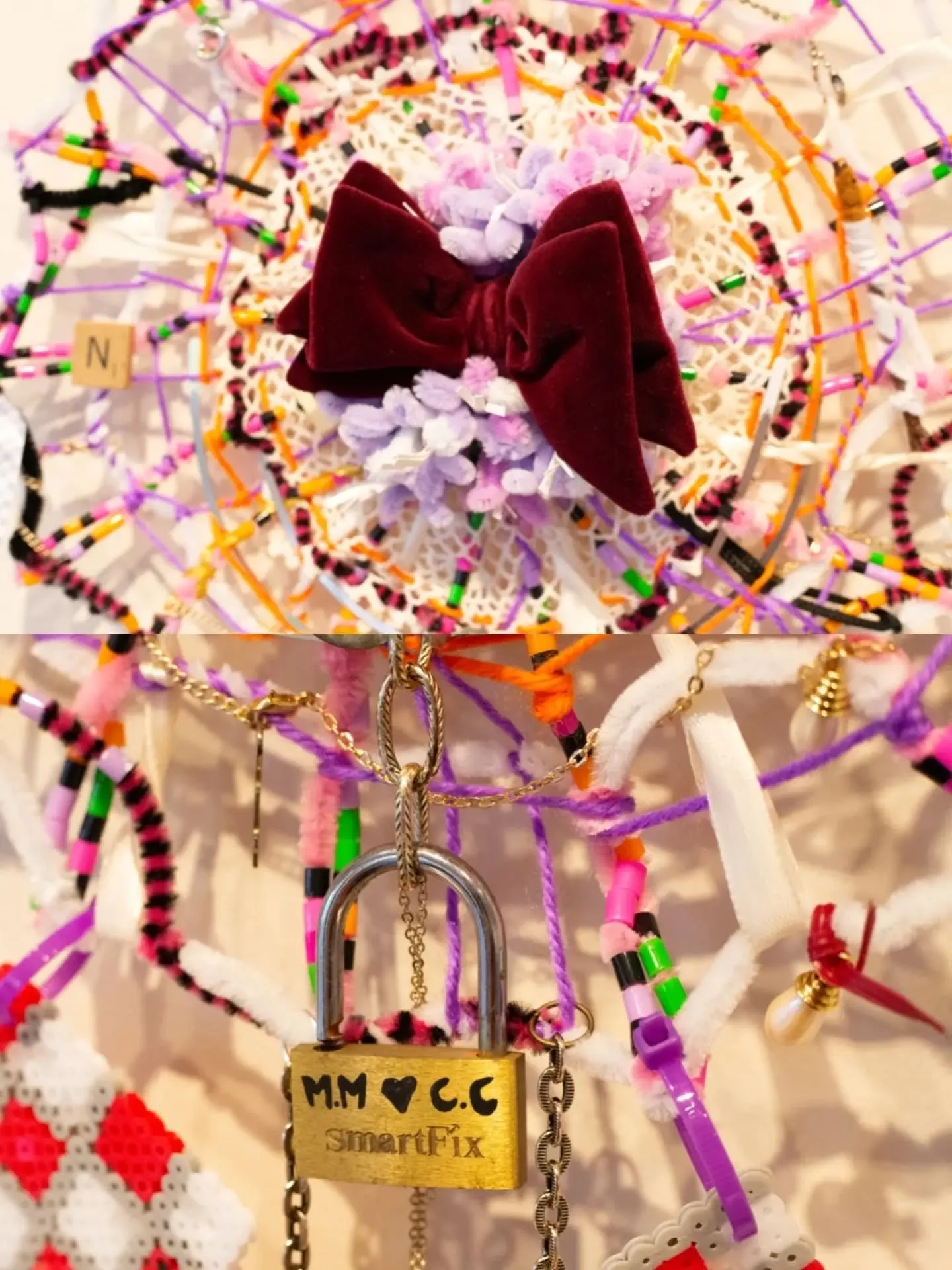'A locally sourced doily and recycled treasures, twisted and tied to found &lsquo;trash&rsquo; help spin the web. Caught in that web are things lost, things seen before, and things that feel strangely familiar. But, where?&rsquo;

'Community Lost &am