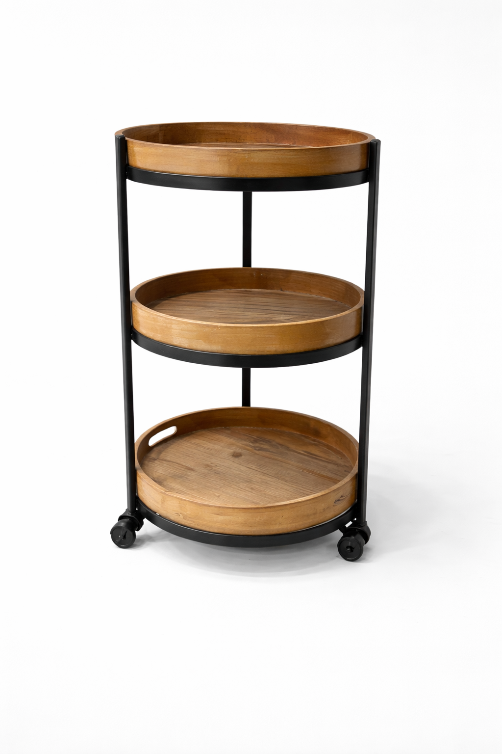 A three-tier black metal and wood serving cart with wheels on a white background.