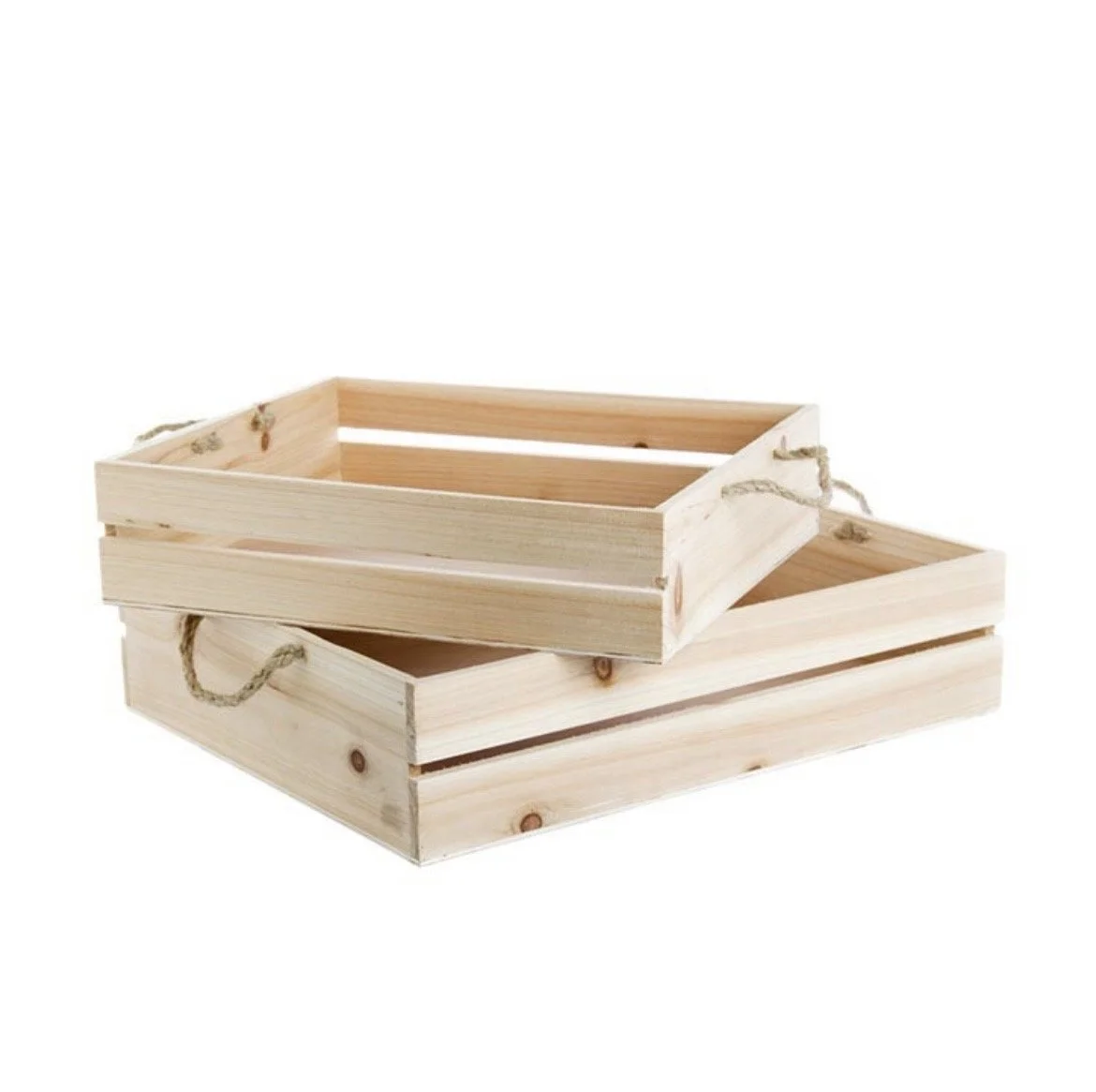 Two empty wooden crates with rope handles stacked one on top of the other.