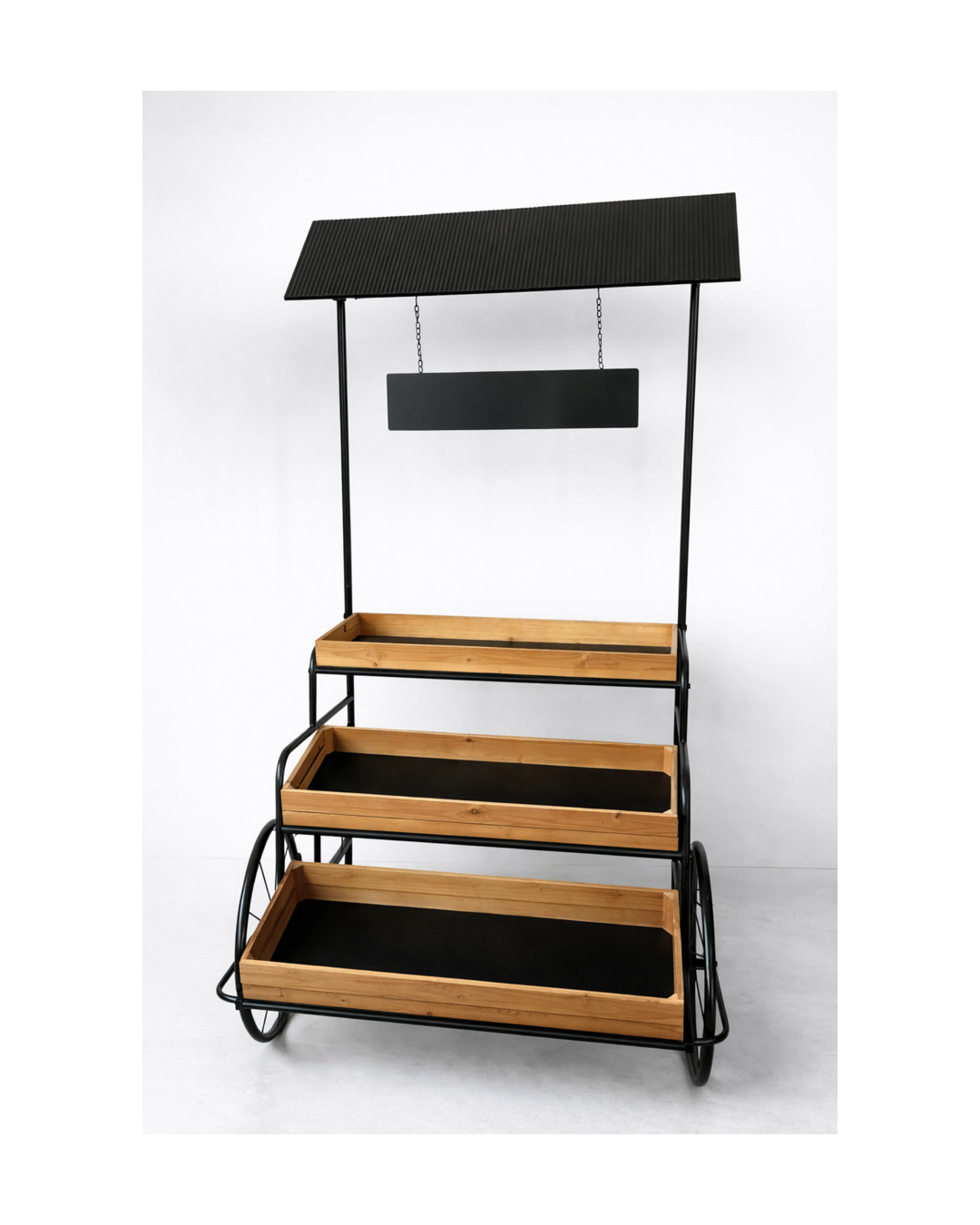 A multi-level display cart with three wooden trays, black accents, and a black canopy with a hanging sign bar.