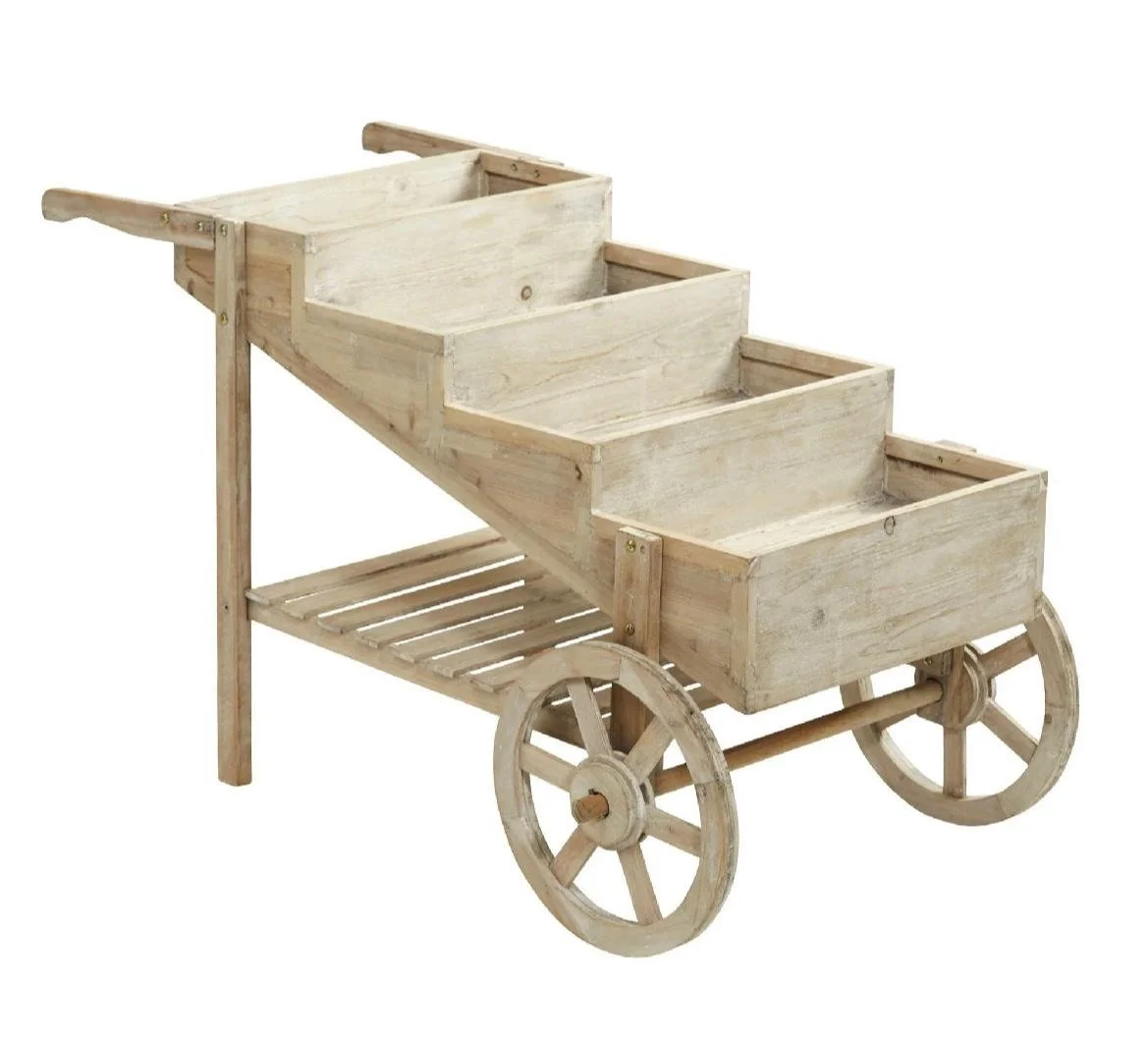 Wooden garden wagon with three tiered planter boxes and a lower slatted shelf, with large wooden wheels