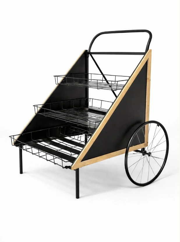 A black and wooden wheeled display cart with wire shelves.