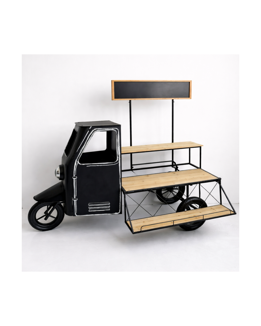 A mobile cart with a black scooter front and a wooden and metal shelving unit, including a blackboard upper panel on a white background.