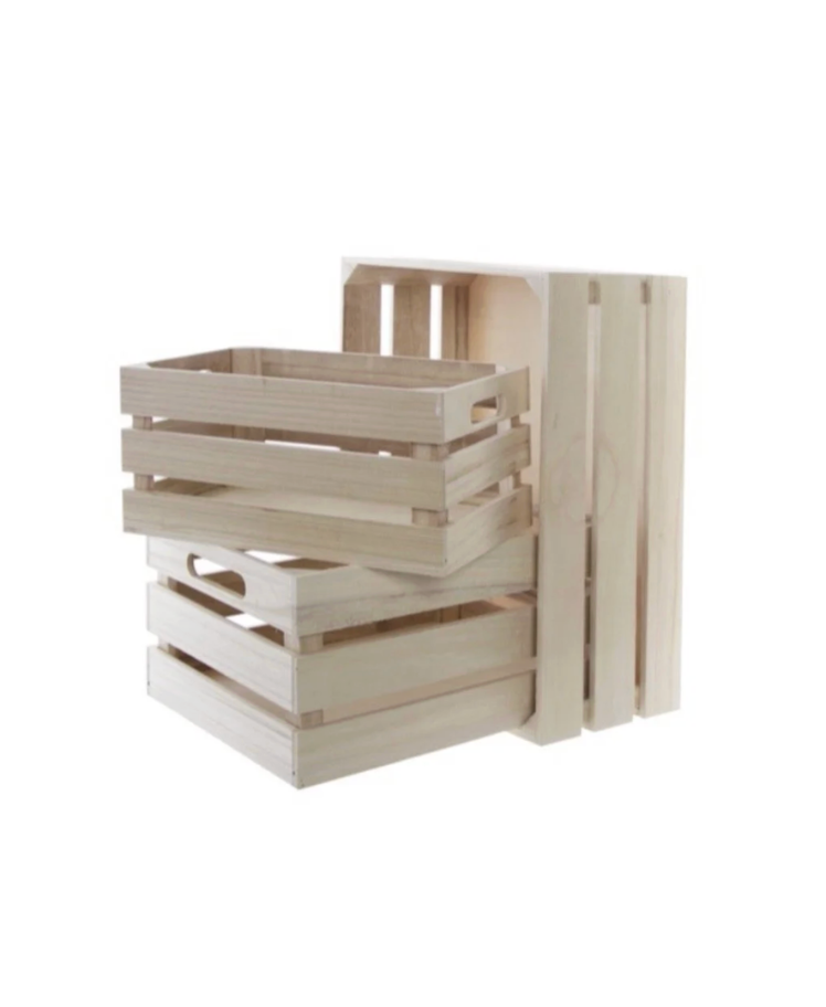 Stacked empty wooden crates and a wooden pallet.