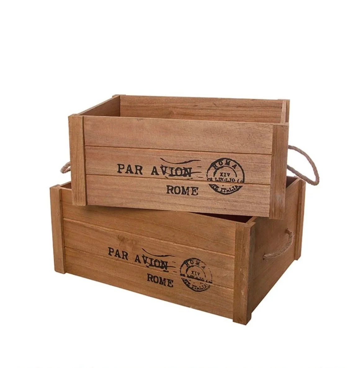 Two wooden storage boxes with rope handles, stamped with French and Roman postal markings.