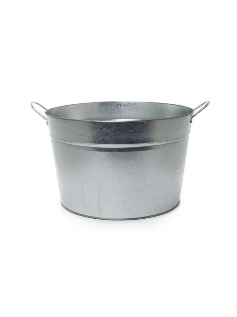 A metal bucket with two handles on a white background.