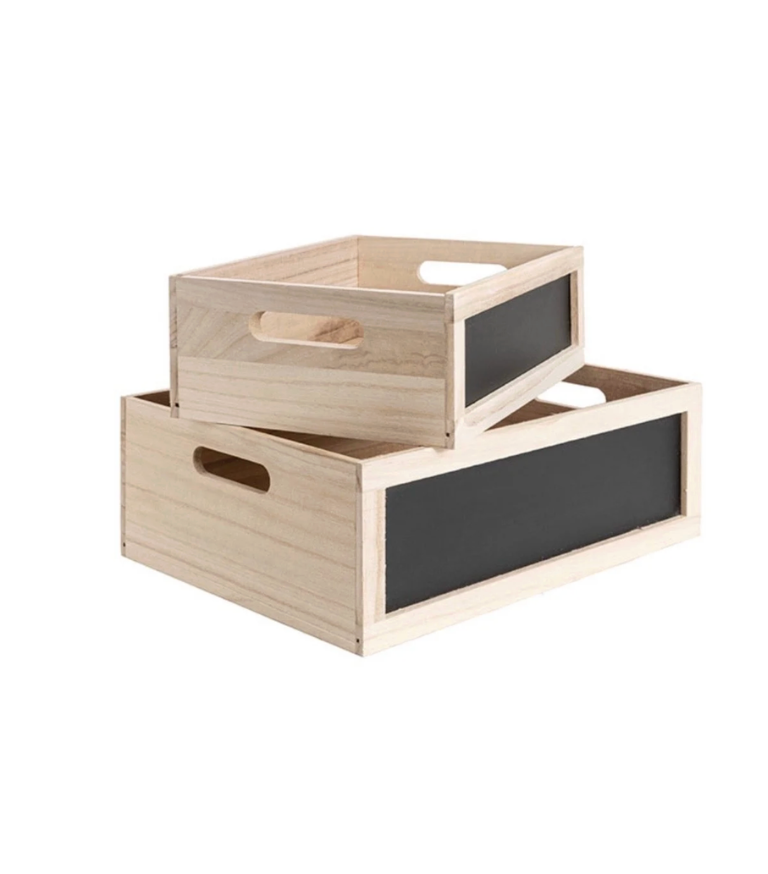 Two wooden storage crates with chalkboard sides, stacked on top of each other, isolated on white background.
