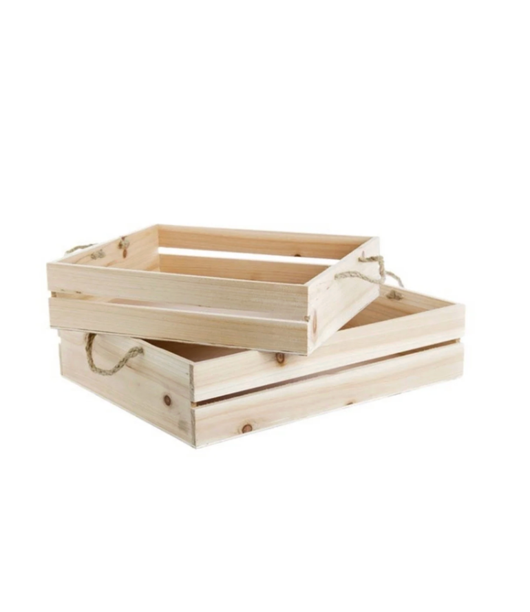 Two unfinished wooden crates stacked, one with rope handles.
