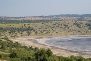 A coastal landscape with sandy shoreline, sparse green vegetation, and calm water, with distant hills under a clear blue sky.