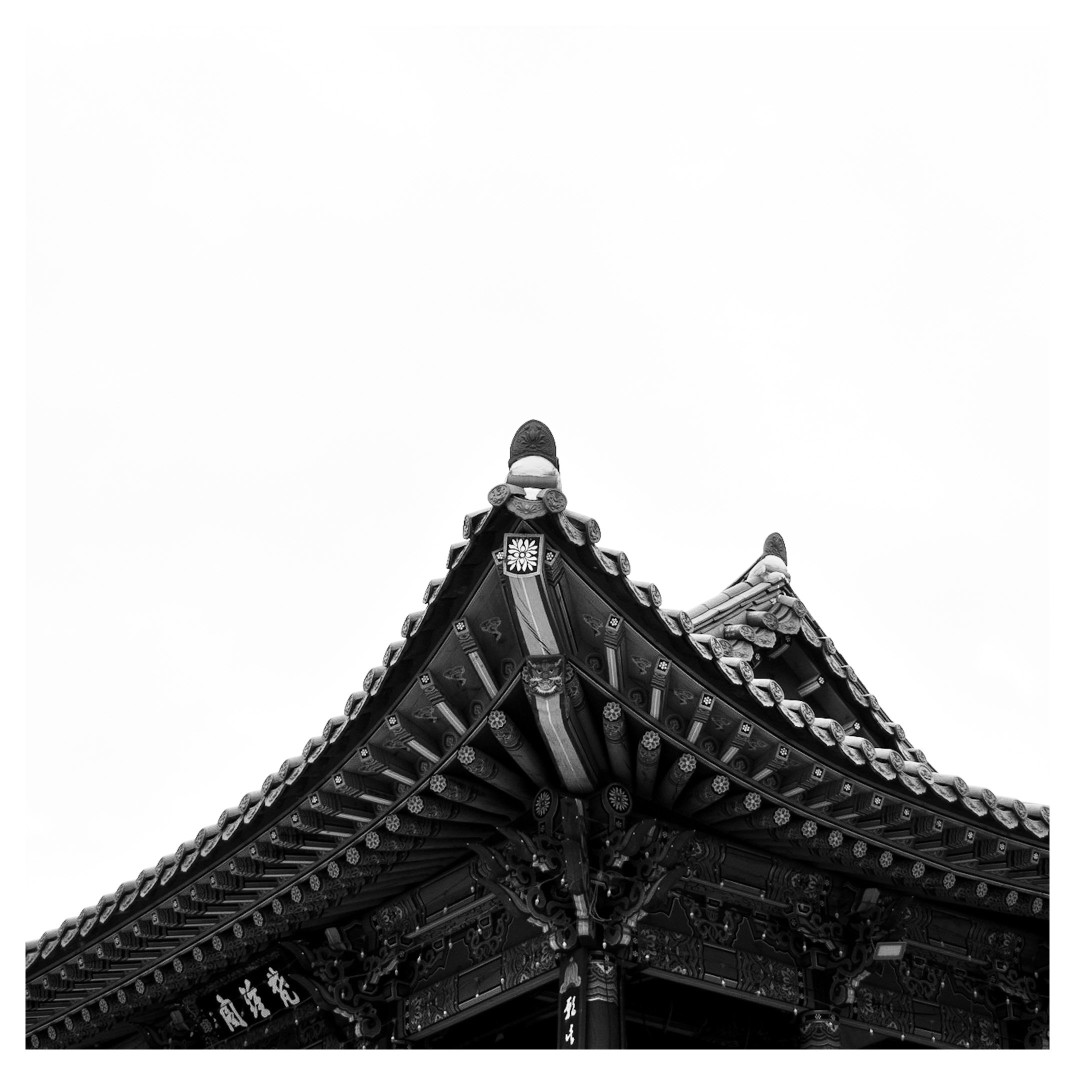 Black and white photo of the roof of a traditional Asian temple with ornate details and decorative roof tiles.
