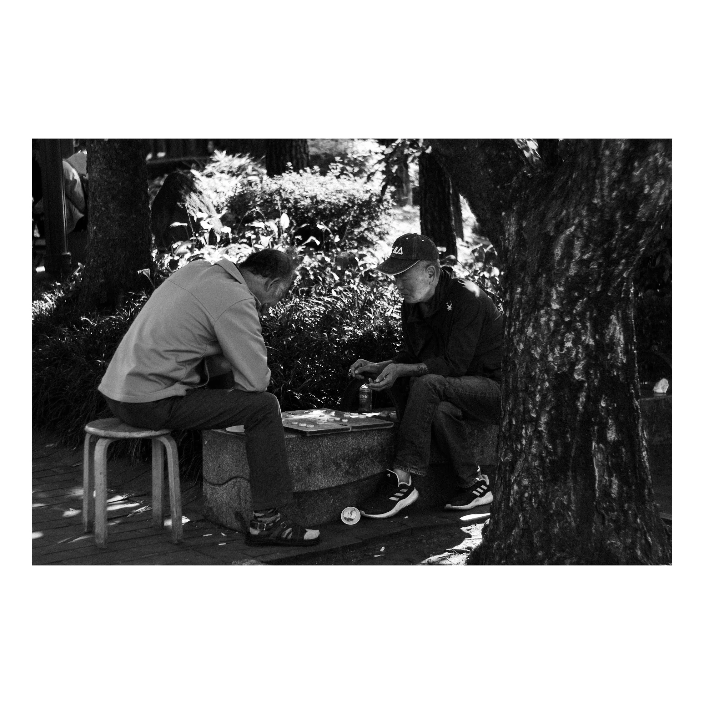 Two men playing chess outdoors in a park, sitting on a bench and a small stool near a tree.