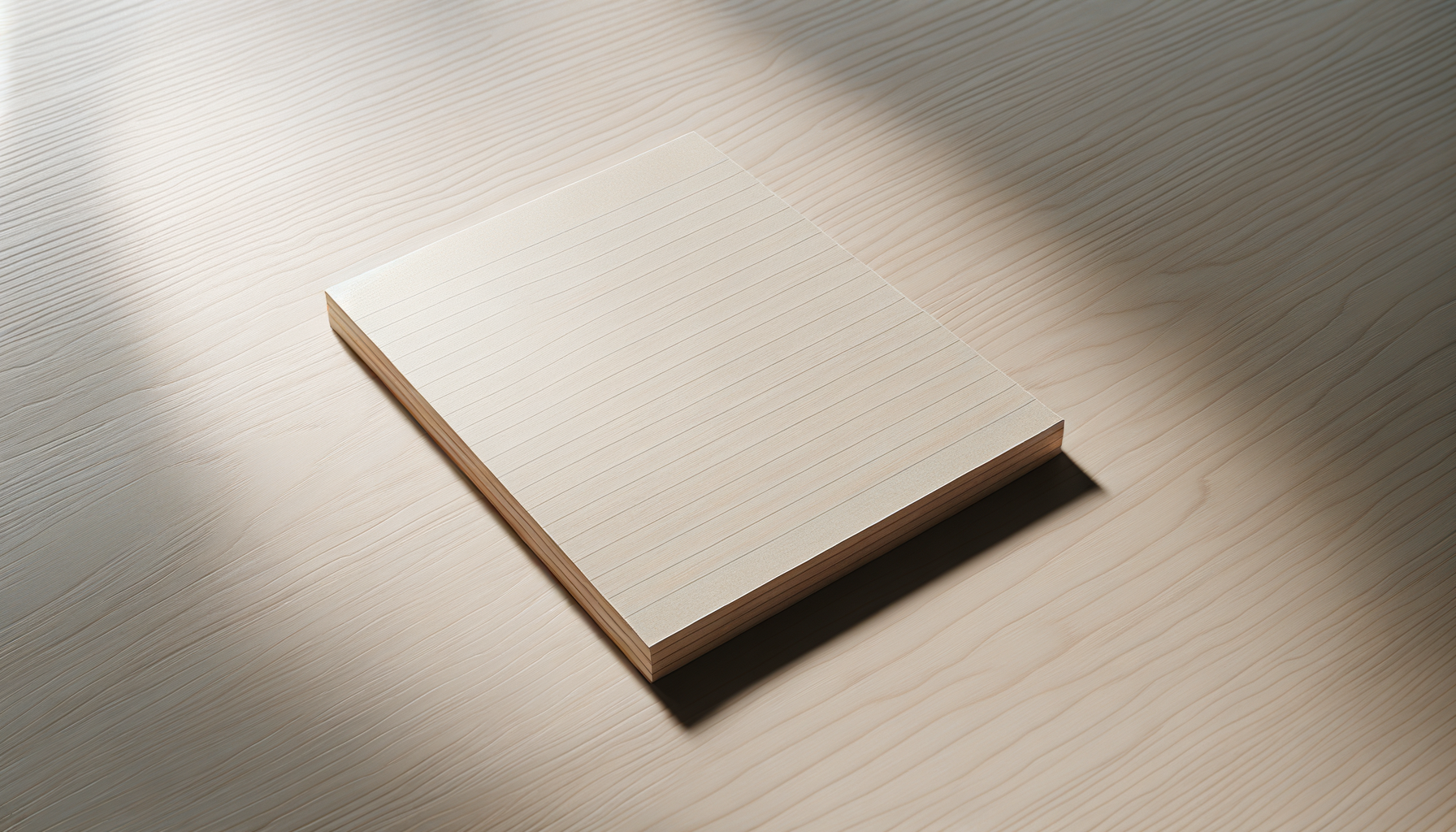A stack of lined beige paper sheets on a light wood surface with sunlight and shadow.