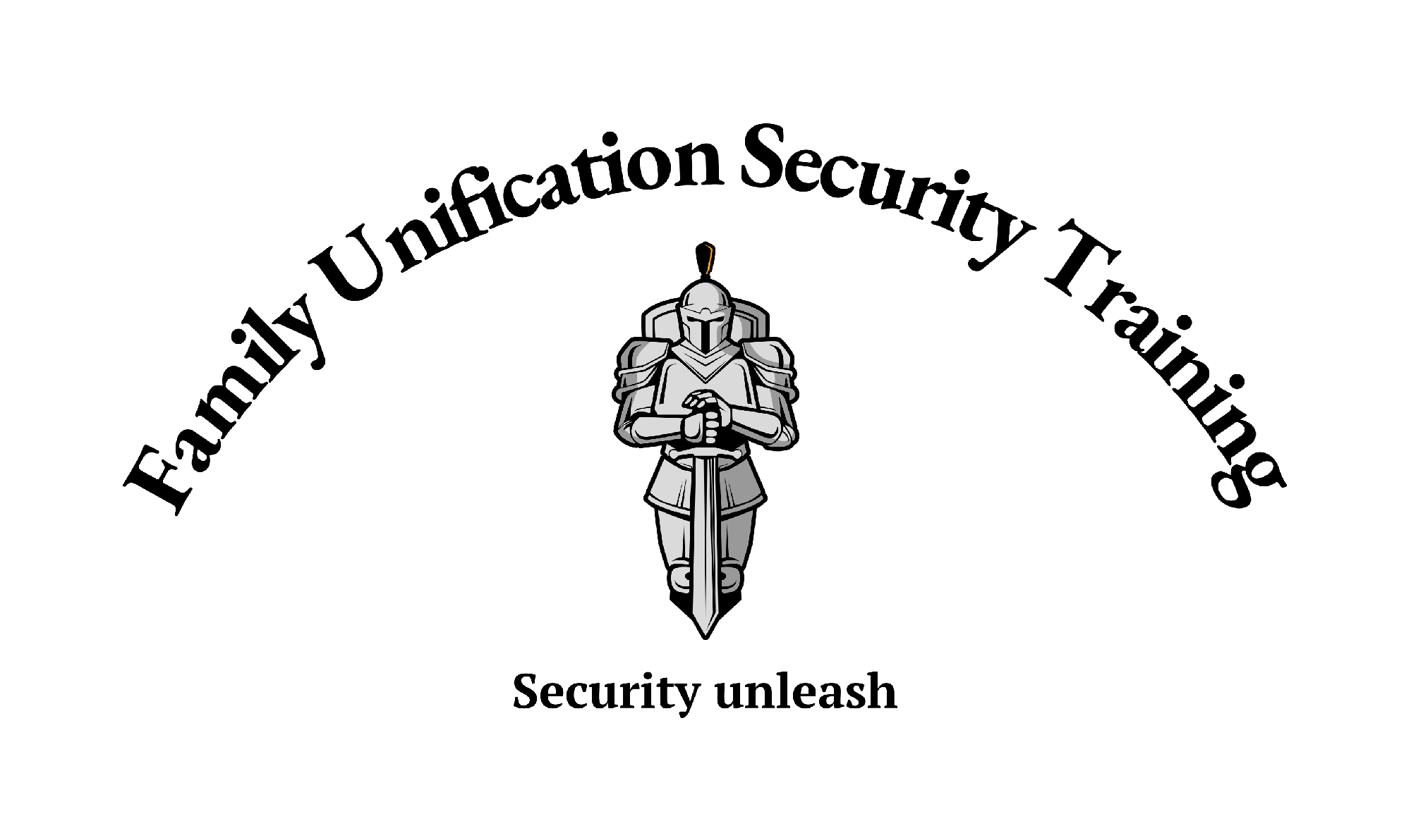 A black and white graphic logo with medieval knight holding a sword vertically, surrounded by an arc of text reading 'Family Unification Security Training' and a tagline 'Security unleash' below.