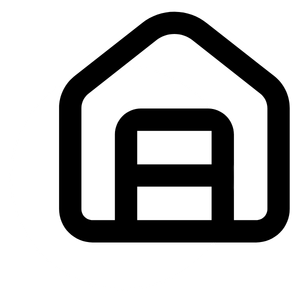 Ein stilisiertes schwarzes und weißes Symbol, das ein Haus darstellt.